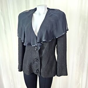 Vintage Rina diMontella black floral embossed jacket with ruffled lapel